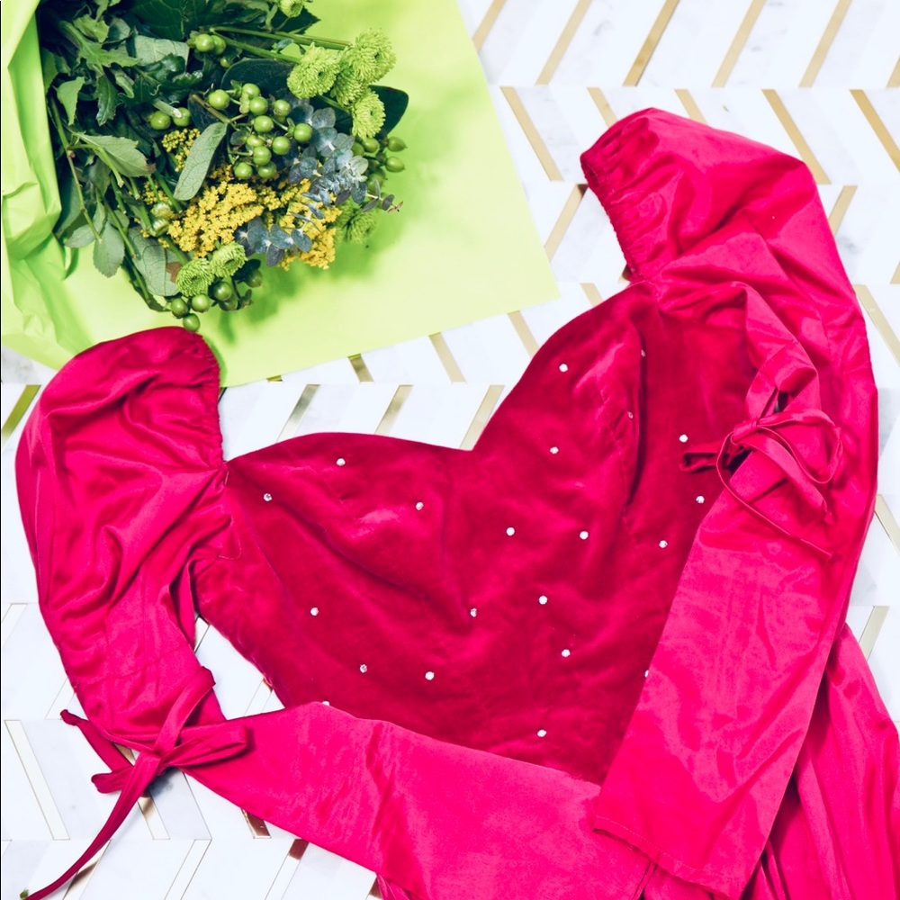 Vtg 80s Velvet Rhinestone Princess Peasant Dress S